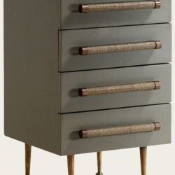 BEDSIDE TABLE FOUR DRAWERS WICKER HANDLES BRASS TRIM & LEGS